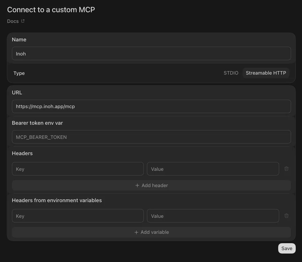 ChatGPTのConnect to a custom MCPフォームに、名前にInoh、TypeにStreamable HTTP、そしてInohサーバーアドレスを入力した状態