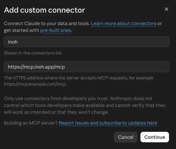 Claude DesktopのAdd custom connectorウィンドウ。名前にInoh、サーバーアドレスにInohのサーバーアドレスが入力されている状態