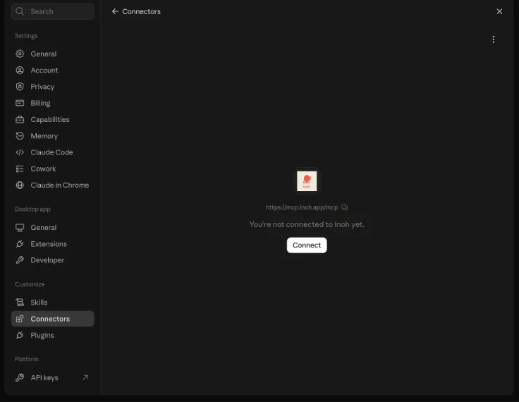 Claude DesktopのConnectors設定。Inohがまだ接続されておらず、Connectボタンが表示されている状態