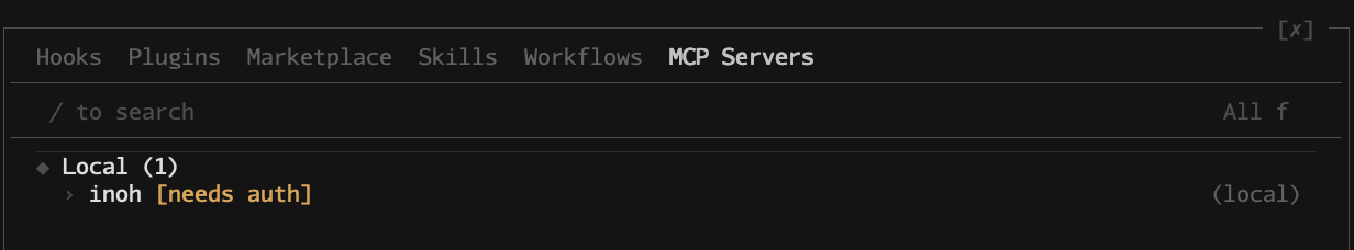 Localの下にinohが表示され、needs authとマークされているGrokのMCP Serversパネル